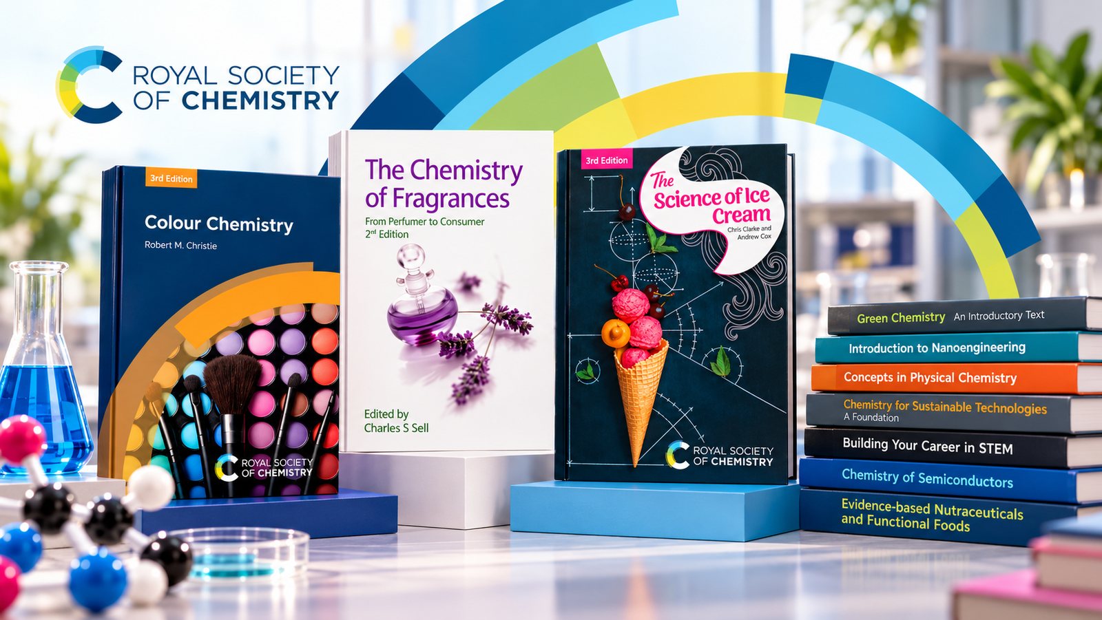 Selección de libros de Royal Society of Chemistry en un entorno de laboratorio, con el logo de la editorial.